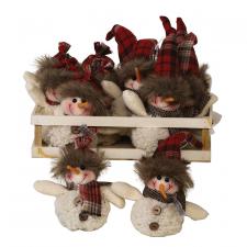 12 pc Asstd. Plush Red Plaid  Hat Snowman Ornament w/Crate