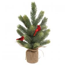 Glittered Pine Tree with Cardinals in Burlap Base