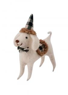 Felted Dog w/Black/White Plaid Hat Ornament