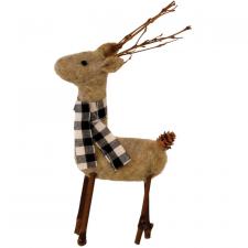 Brown Felted Reindeer w/Black/White Plaid Scarf Ornament