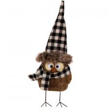 Standing Felted  Owl w/Black/White Plaid Hat Ornament