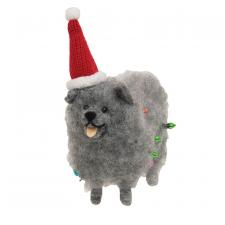 Fluffy Gray Dog with Christmas Lights Felted Ornament