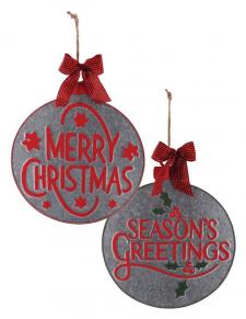 Large Round Galvanized Holiday Ornament, 2 Asstd.