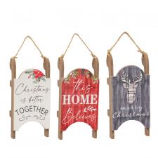Christmas Wooden Sleigh Hanger, 3 Asstd.
