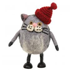 Felted Cat w/Red Hat Ornament