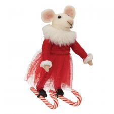 Candy Cane Skiing Mouse Felted Ornament