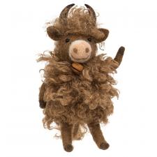 Fluffy Highland Cow with Rustic Bell Felted Ornament