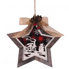 Wooden Red/Black Plaid Snowman/House Scene Star Ornament