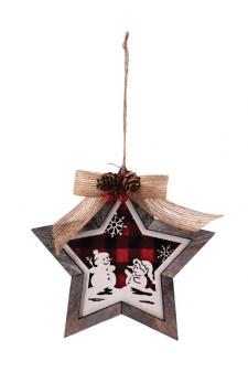 Wooden Red/Black Plaid Snowman Scene Star Ornament
