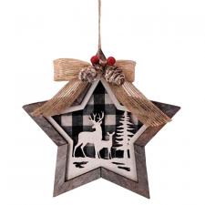 Wooden Black/White Plaid Deer Scene Star Ornament