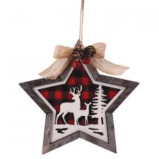 Wooden Red/Black Plaid Deer Scene Star Ornament