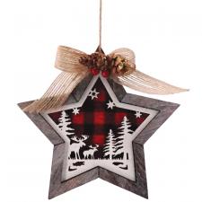 Wooden Red/Black Plaid Moose Scene Star Ornament