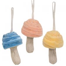 Pastel Velvet Glittered Mushroom Ornament, 3 Asstd.