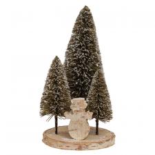 Bottle Brush Christmas Trees w/Snowman on Wood Base
