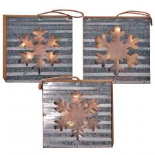 Galvanized Snowflake Block Ornament w/LED Light, 3 Asstd.