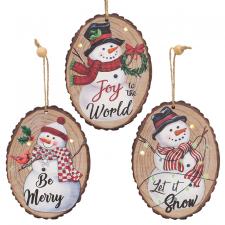 Snowman Wood Slice Ornament w/LED Lights, 3 Asstd.