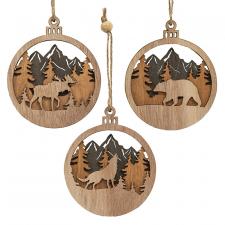 Layered Wood Forest Scene Ornament - 3 Asstd